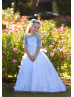 Blue Lace Tulle Keyhole Back Flower Girl Dress With Butterflies